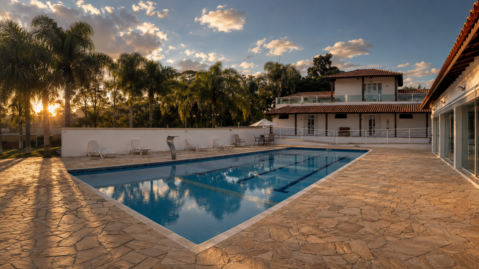 Area externa do Hospital Atrios com piscina e predio