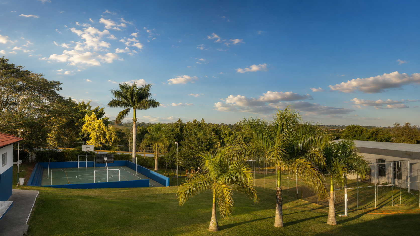 Area verde do Hospital Atrios com quadra e palmeiras